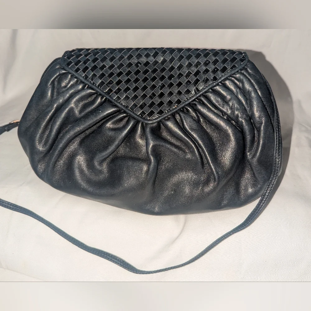 Vintage Fendi Black Woven Flap Clutch Shoulder Bag.